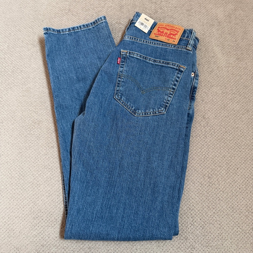 Levi's 505 Regular Fit Stretch Jeans Mens 32x34 Blue Denim NWT 005052217 - Picture 1 of 6